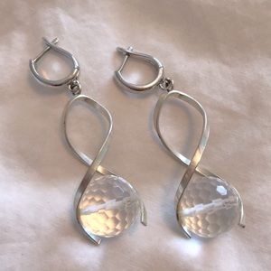 Dangling earrings, silver spiral with clear bead